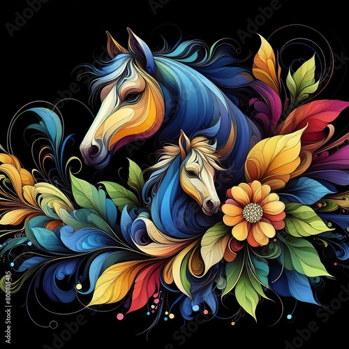 Floral artistic image of black background blue yellow magenta green horse with her baby