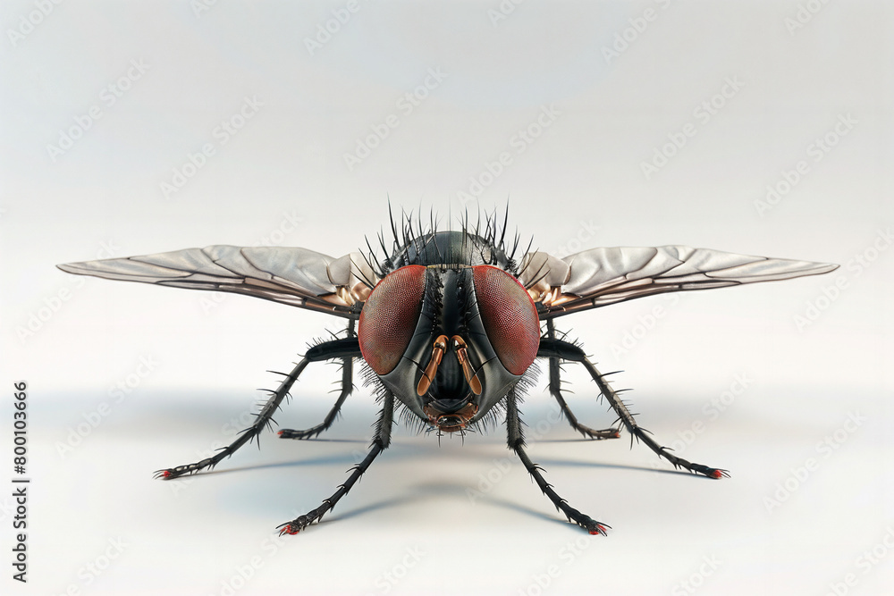 Fototapeta premium flying with wings housefly isolated in white background 3d render.