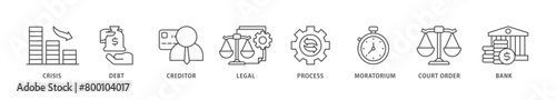 Bankruptcy icons set collection illustration of bank ,court order, legal, moratorium, process, creditor, debt, crisis icon live stroke and easy to edit 