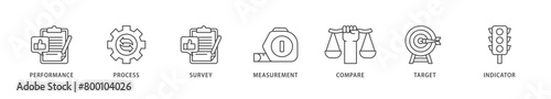 Benchmarking icons set collection illustration of performance, process, survey, measurement, compare, target, and indicator icon live stroke and easy to edit 