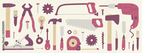 Construction tools cartoon doodle set isolated on background. Hammer, drill, screwdriver, hacksaw, chisel, light bulb. Vector illustration