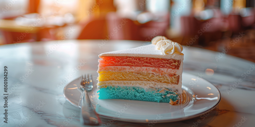 A colorful slice of rainbow layered cake presented on a white plate in a well-lit, elegant cafe setting. A colorful slice of rainbow layered cake presented on a white plate in a well-lit, elegant cafe setting.