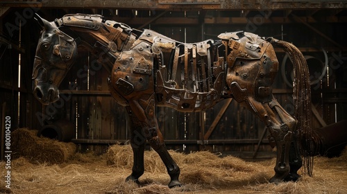 A horse sculpture made of metal and hay