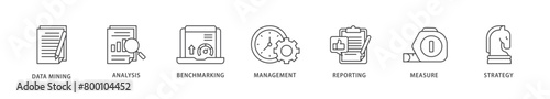 Business intelligence icons set collection illustration of data mining, analysis, benchmarking, management, reporting, measure, and strategy icon live stroke and easy to edit 
