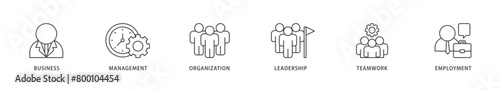 Business management icons set collection illustration of business, management, organization, leadership, teamwork and employment icon live stroke and easy to edit 