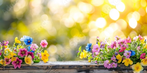 Mixed pansies in a wooden container with a bright  bokeh background in sunlight.