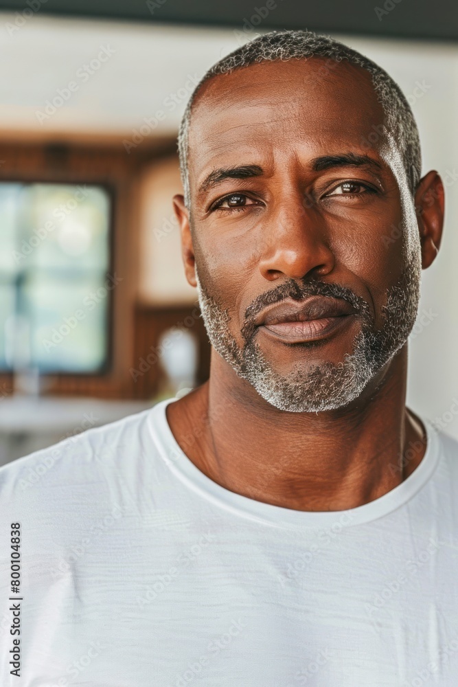 A close-up view of a senior African American person wearing a white shirt A close-up view of a senior African American person wearing a white shirt