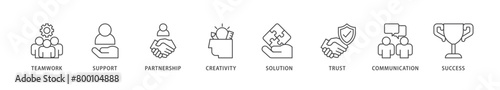 Collaboration icons set collection illustration of teamwork, support, partnership, creativity, solution, trust, communication, success icon live stroke and easy to edit 