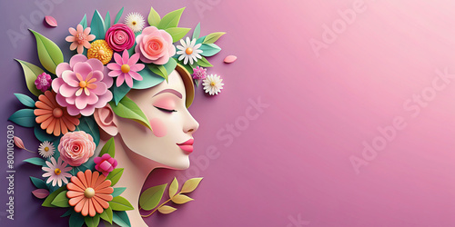 Beautiful illustration of face and flowers style paper cut with copy space for international women's day