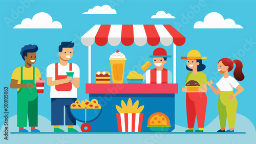 Vendors selling festival foods like hot dogs popcorn and ice cream to hungry attendees.. Vector illustration