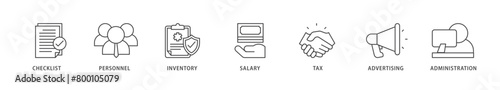 Cost reduction icons set collection illustration of checklist, personnel, inventory, salary, tax, advertising and administration icon live stroke and easy to edit 