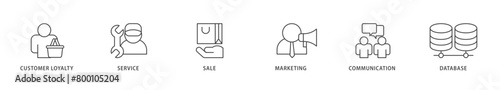CRM icons set collection illustration of customer loyalty, service, sale, marketing, communication, and database icon live stroke and easy to edit 