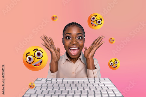 Photo collage picture young happy joyful woman keyboard computer equipment emoticon face expression amazed happiness drawing background photo