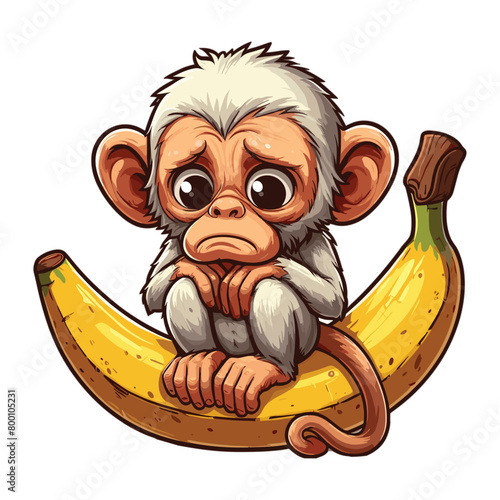 An innocent faced old monkey sitting gloomily on a large banana vector illustration