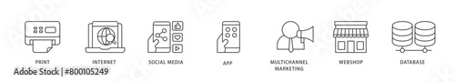 Cross media icons set collection illustration of print, internet, social media, app, multichannel marketing, webshop and database icon live stroke and easy to edit 