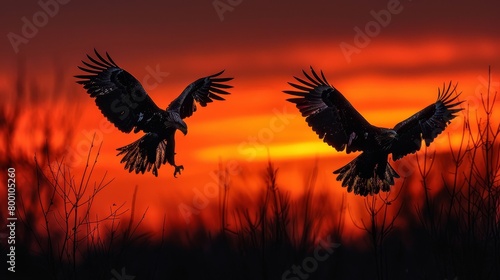 Two birds flying in the sky at sunset © OZTOCOOL