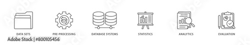 Data mining icons set collection illustration of data sets, pre processing, database systems, statistics, analytics and evaluation icon live stroke and easy to edit 