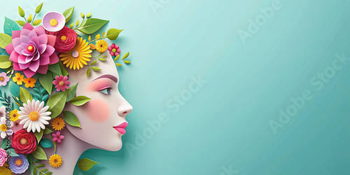 Beautiful illustration of face and flowers style paper cut with copy space for international women's day