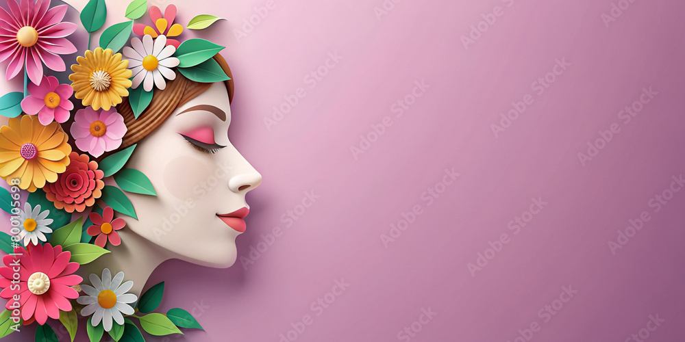 Beautiful illustration of face and flowers style paper cut with copy space for international women's day Beautiful illustration of face and flowers style paper cut with copy space for international women's day