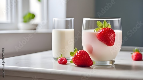 a strawberry in a milk glass