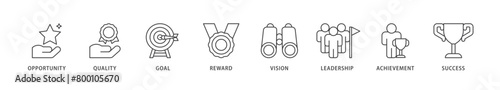 Encourage icons set collection illustration of opportunity, quality, goal, reward, vision, leadership, achievement, success icon live stroke and easy to edit 