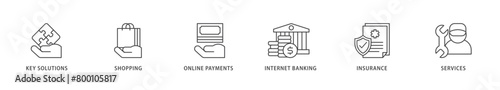 Financial service icons set collection illustration of key solutions, shopping, online payments, internet banking, insurance and services icon live stroke and easy to edit 
