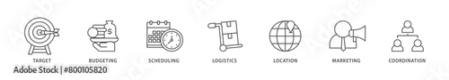 Event management icons set collection illustration of target, budgeting, scheduling, logistics, location, marketing, and coordination icon live stroke and easy to edit 