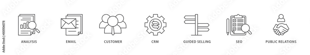Inbound marketing icons set collection illustration of analysis, email, customer, crm, guided selling, seo and public relations icon live stroke and easy to edit Inbound marketing icons set collection illustration of analysis, email, customer, crm, guided selling, seo and public relations icon live stroke and easy to edit