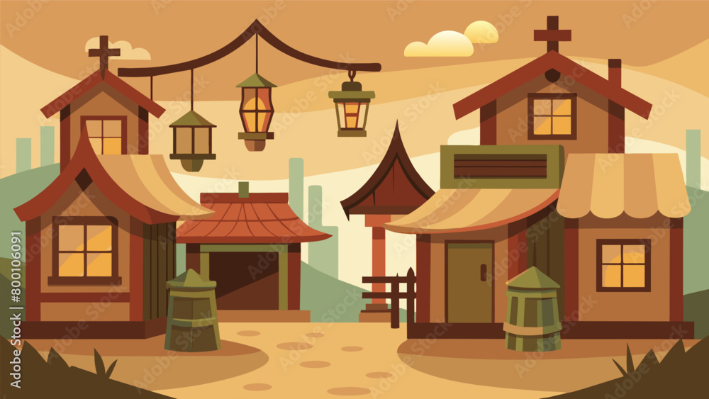 The set design features a replica of a Colonial village complete with wooden buildings and lanterns hanging from every corner.. Vector illustration The set design features a replica of a Colonial village complete with wooden buildings and lanterns hanging from every corner.. Vector illustration
