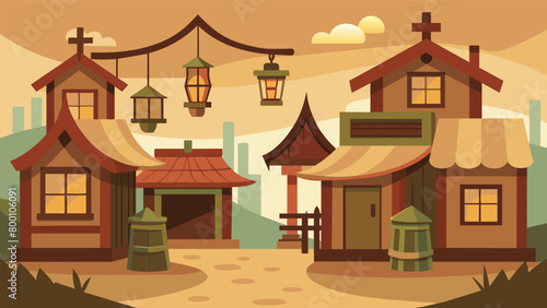 The set design features a replica of a Colonial village complete with wooden buildings and lanterns hanging from every corner.. Vector illustration