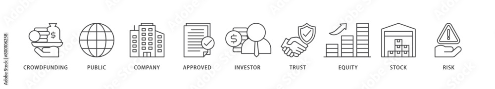 Ipo icons set collection illustration of crowdfunding, public company, approved, investor, trust, equity, stock and risk icon live stroke and easy to edit Ipo icons set collection illustration of crowdfunding, public company, approved, investor, trust, equity, stock and risk icon live stroke and easy to edit