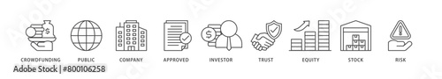 Ipo icons set collection illustration of crowdfunding, public company, approved, investor, trust, equity, stock and risk icon live stroke and easy to edit 
