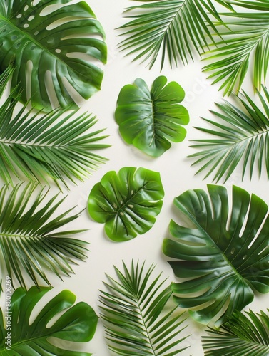 Green tropical  palm leaves  leaf branches on white background. flat lay  top view