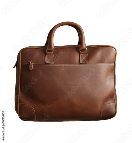 Old brown vintage travel leather suit bag isolated on white background. Symbol and concept of travel. Adventure time. Retro leather vintage travel suitcase or bag isolated on white.