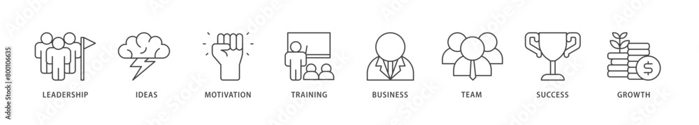 Learn and lead icons set collection illustration of leadership, ideas, motivation, training, business, team, success, and growth icon live stroke and easy to edit Learn and lead icons set collection illustration of leadership, ideas, motivation, training, business, team, success, and growth icon live stroke and easy to edit
