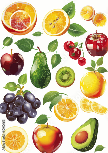 a bunch of different fruits and vegetables on a white background