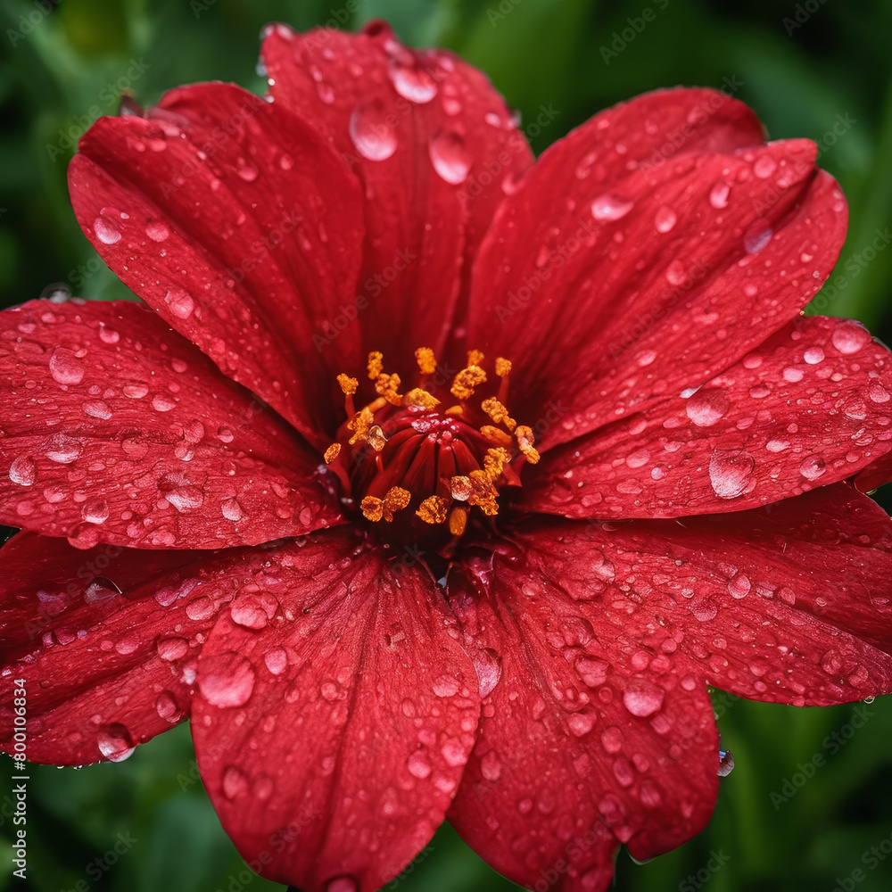 red flower with dew drops