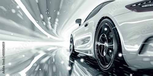 Close-up of a white sports car speeding with motion blur effect