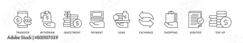 Mobile banking icons set collection illustration of transfer, withdraw, investment, payment, loan, exchange, shopping, verified and top up icon live stroke and easy to edit 