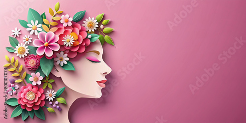 Beautiful illustration of face and flowers style paper cut with copy space for international women's day