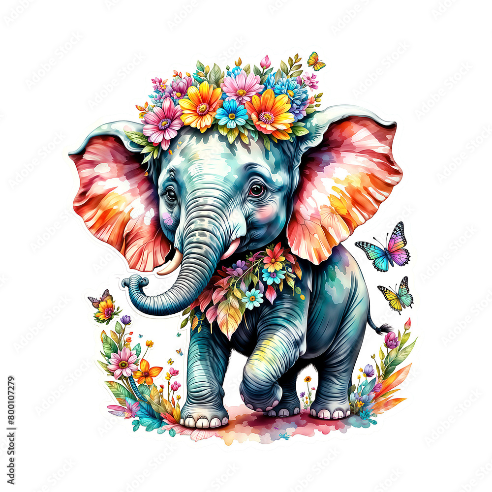 Obraz premium Elephant Sticker Colorful Elephant Bliss A Bouquet of Joy Surrounds the Cartoon Elephant Sticker on Transparent Background, Adorned with Vibrant Flowers and Rainbow Butterflies - Generative AI 