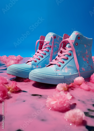 fashion sneaker  in the style of Flamingos and flamingo feathers  dark pink and sky-blue