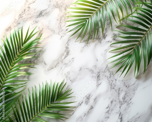 green palm leaf branches on white background. flat lay  top view