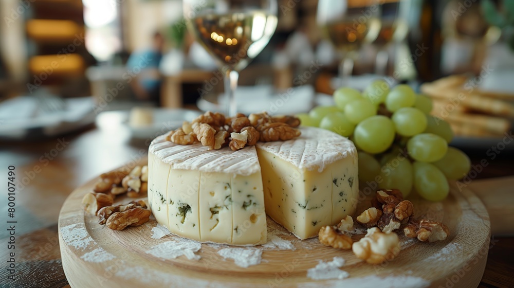 Blue cheese with walnuts and grapes on a wooden board with wine in the background
