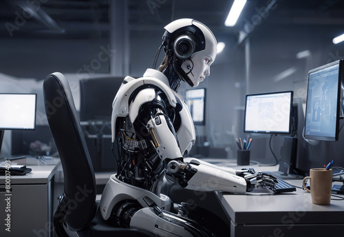 Futuristic humanoid robot works at computer in office environment. AI will replace humans at work. photo