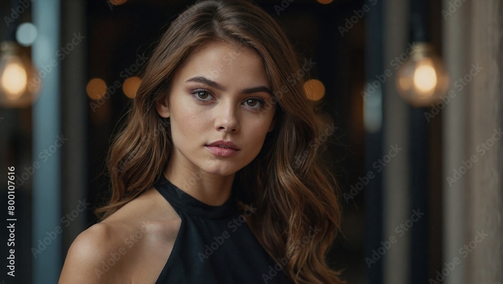 photo from a young model in front perspective. She has beautiful brown hair with beautiful eyes. She is wearing a black dress photo from a young model in front perspective. She has beautiful brown hair with beautiful eyes. She is wearing a black dress