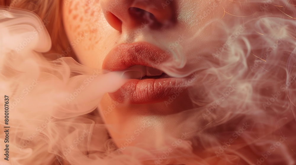 Close-up of a woman's lips pursed while exhaling thick smoke