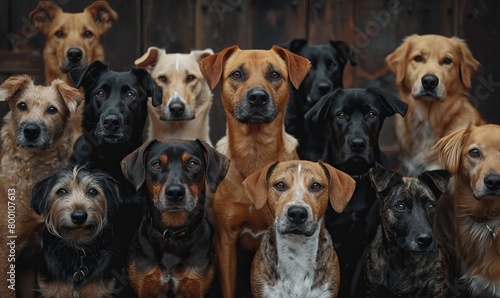 Group portrait of dogs of various shapes, sizes, and breeds. Stray pets with happy expression waiting for adoption. © Svitlana