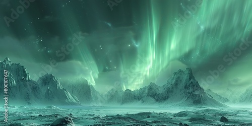 Green Aurora Sky over Rocky Landscape. Beautiful Northern Lights Background with copy-space.