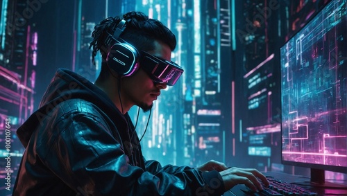 Illustration of a cyberpunk hacker in a virtual reality setting, surrounded by holographic code